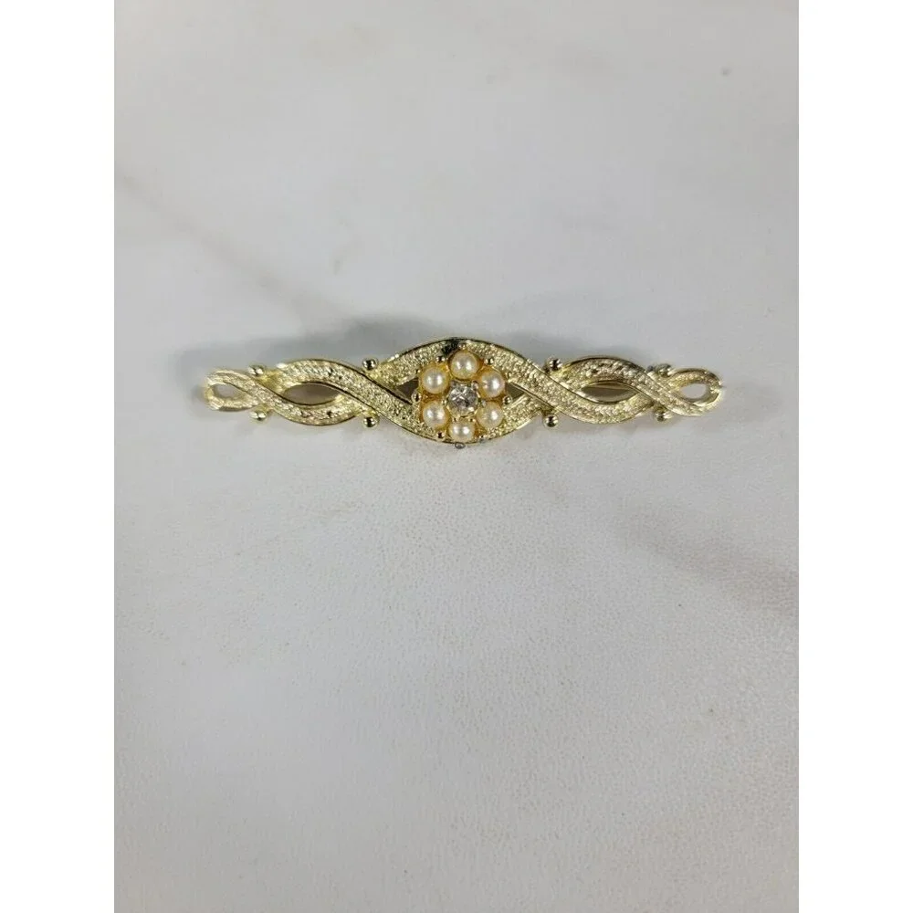Emmons‎ Faux Pearl Rhinestone Gold Tone Bar Brooch Pin Signed Vintage
